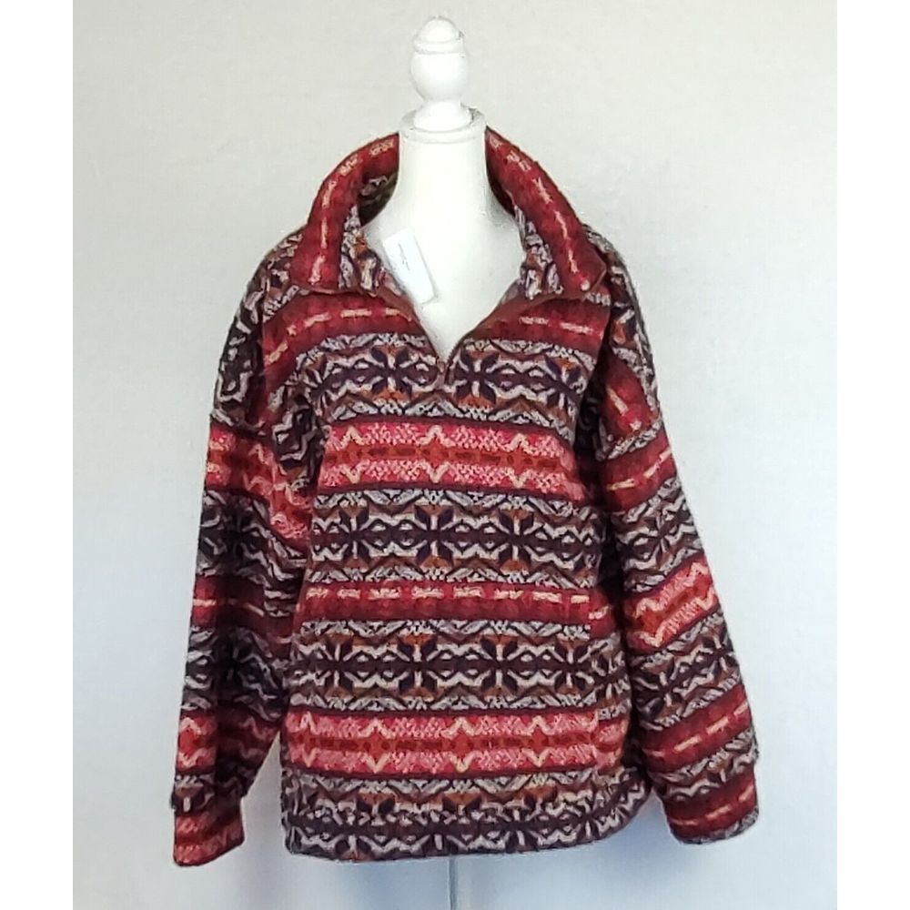 American Eagle Womens Red Fair Isle Sherpa Fleece Quarter Zip Pullover Large NEW